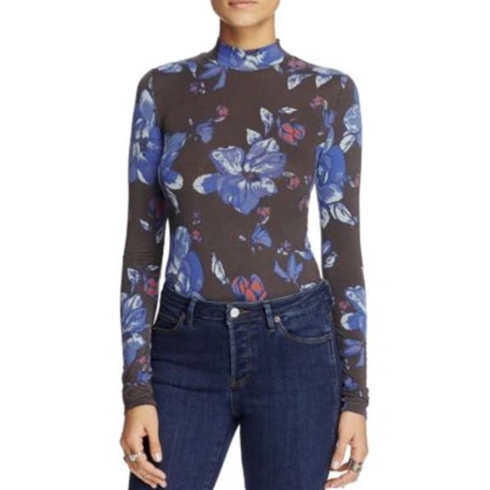 Free People Chocolate Printed Top In Black Size Medium Floral Mock Neck